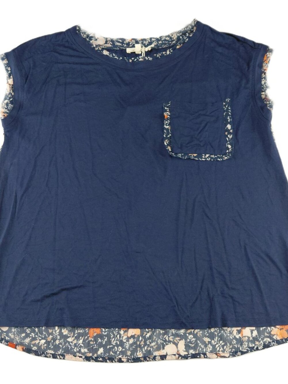 Mystree Pocket Tee T-Shirt Women's Size Small Navy Blue Floral Semi Sheer